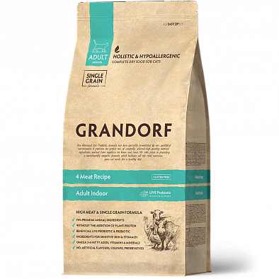 Сухой корм Grandorf CAT 4 Meat Adult Indoor 4 вида мяса для взрослых домашних кошек и котов