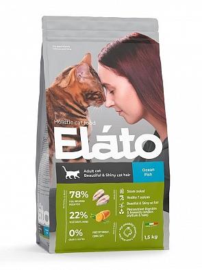 Сухой корм Elato Holistic для взрослых кошек, для красивой и блестящей шерсти, рыба