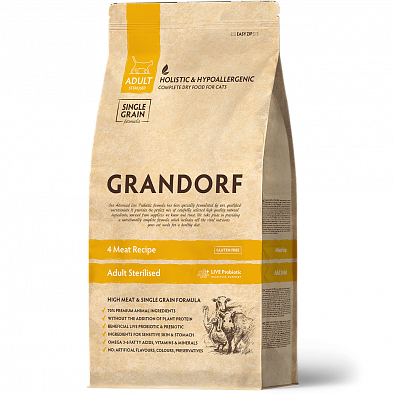 Сухой корм Grandorf CAT 4 Meat Adult Sterilised 4 вида мяса для взрослых стерилизованных кошек и кастрированных котов