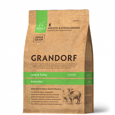 Сухой корм Grandorf Lamb & Turkey Rice Adult Mini ягненок с индейкой для взрослых собак малых пород